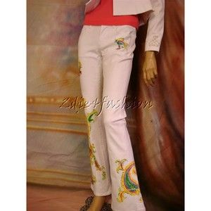 $1298 New RALPH LAUREN White Painted Paisley Art Low Rise Denim Cotton Jeans 26